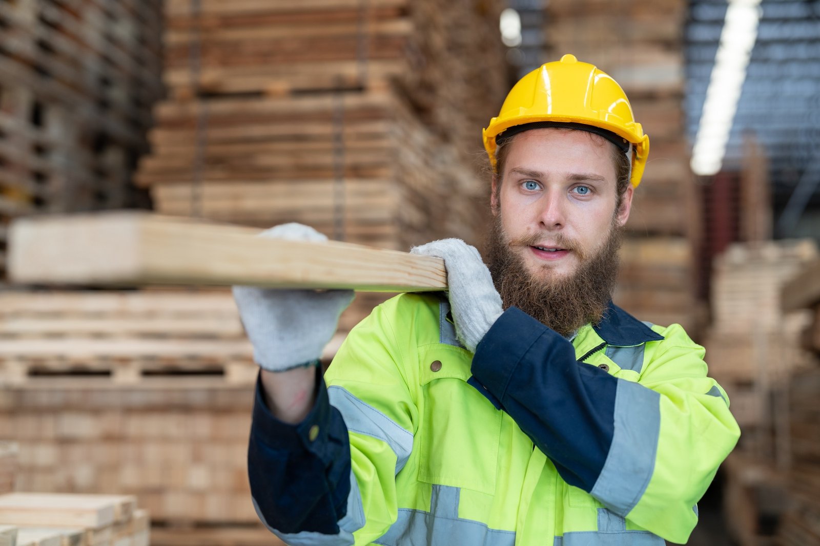 Man worker carrying wood plank material for make wooden pallet in factory.