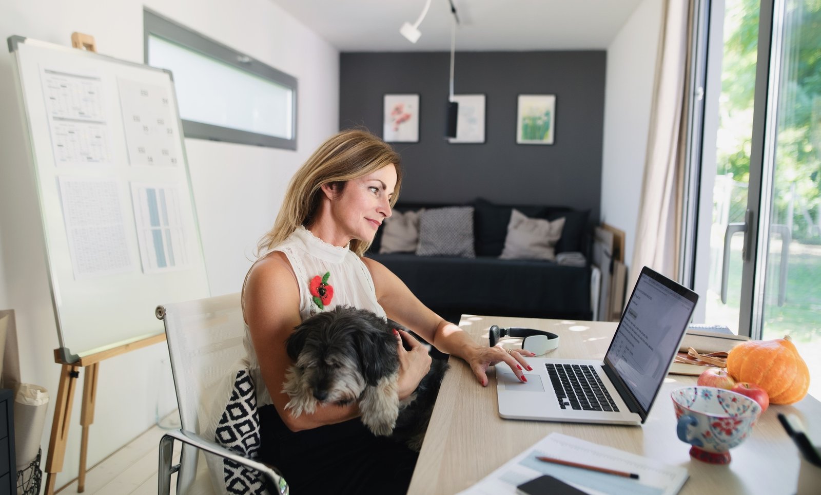 Mature woman with dog working indoors in home office in container house in backyard